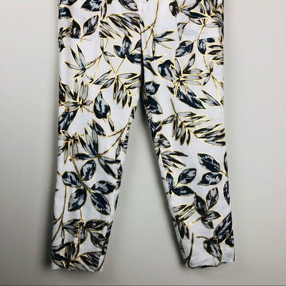 J Crew cream brown linen palm leaf tropical metallic ankle pants 10 - Picture 3 of 7